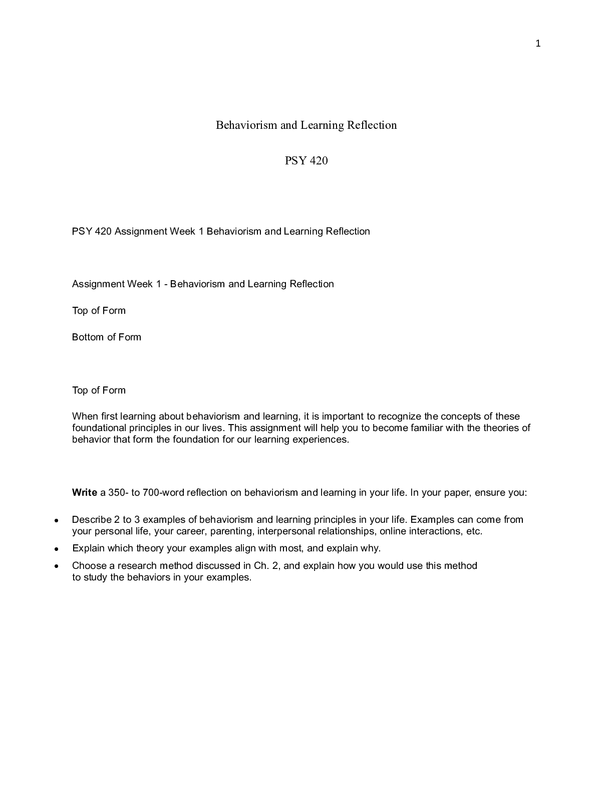 Preview image of PSY 420 Assignment Week 1 Behaviorism and Learning Reflection    Behaviorism and Learning document